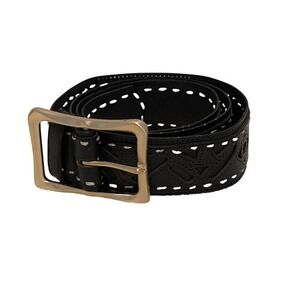 EuroWellness Black Perforated Embossed Leather Belt Brass Buckle S/M